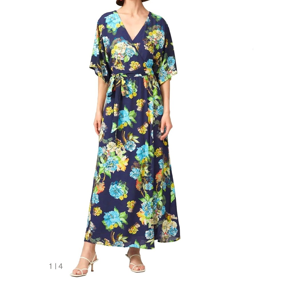 Roam Sorrento Maxi Dress Navy Blue Tropical Floral Wrap Short Sleeve Womens S